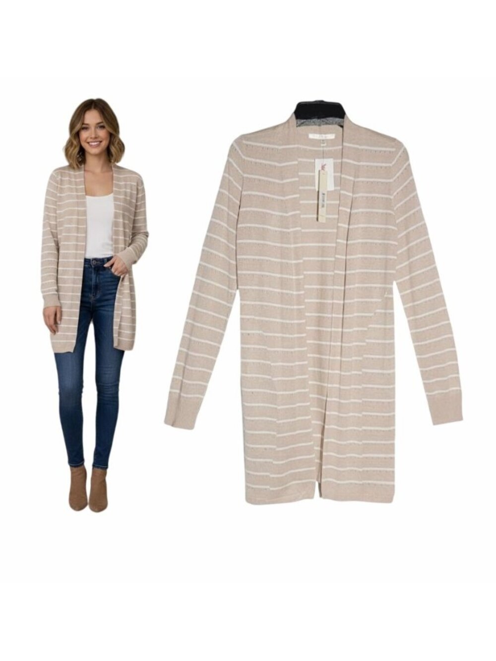 ❤️Womens Beige White Striped Long Cardigan Cyrus Sz S Thin Knit Duster Sweater